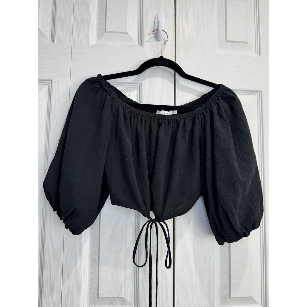 The Astr The Label Tie Waist Balloon Sleeve Crop Top Women's XS Black 100%Cotton